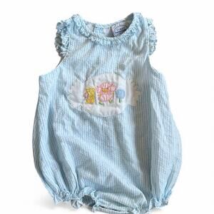 Vintage First Impressions Baby Girl Romper 18 M Blue Pinstripe Embroidered